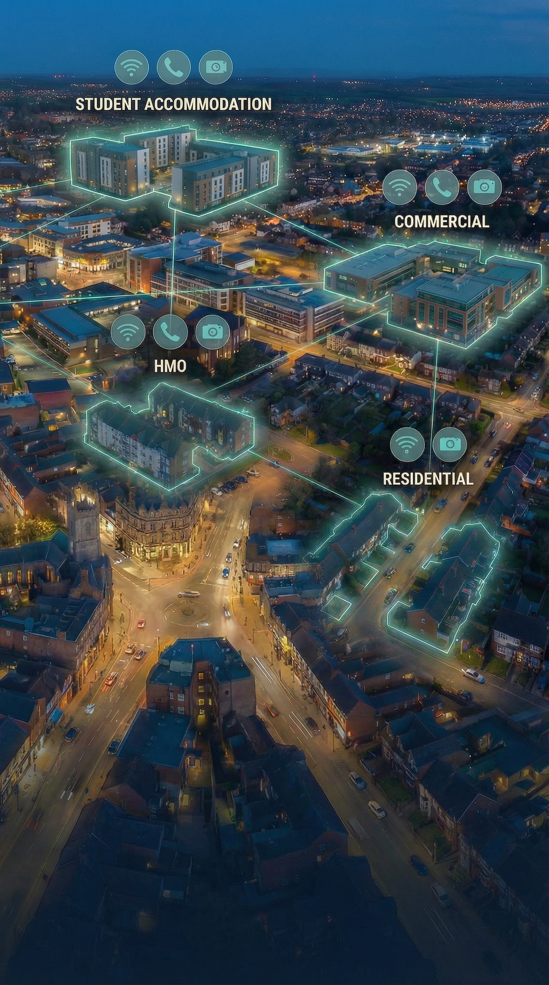 Aerial view of UK town with connected properties